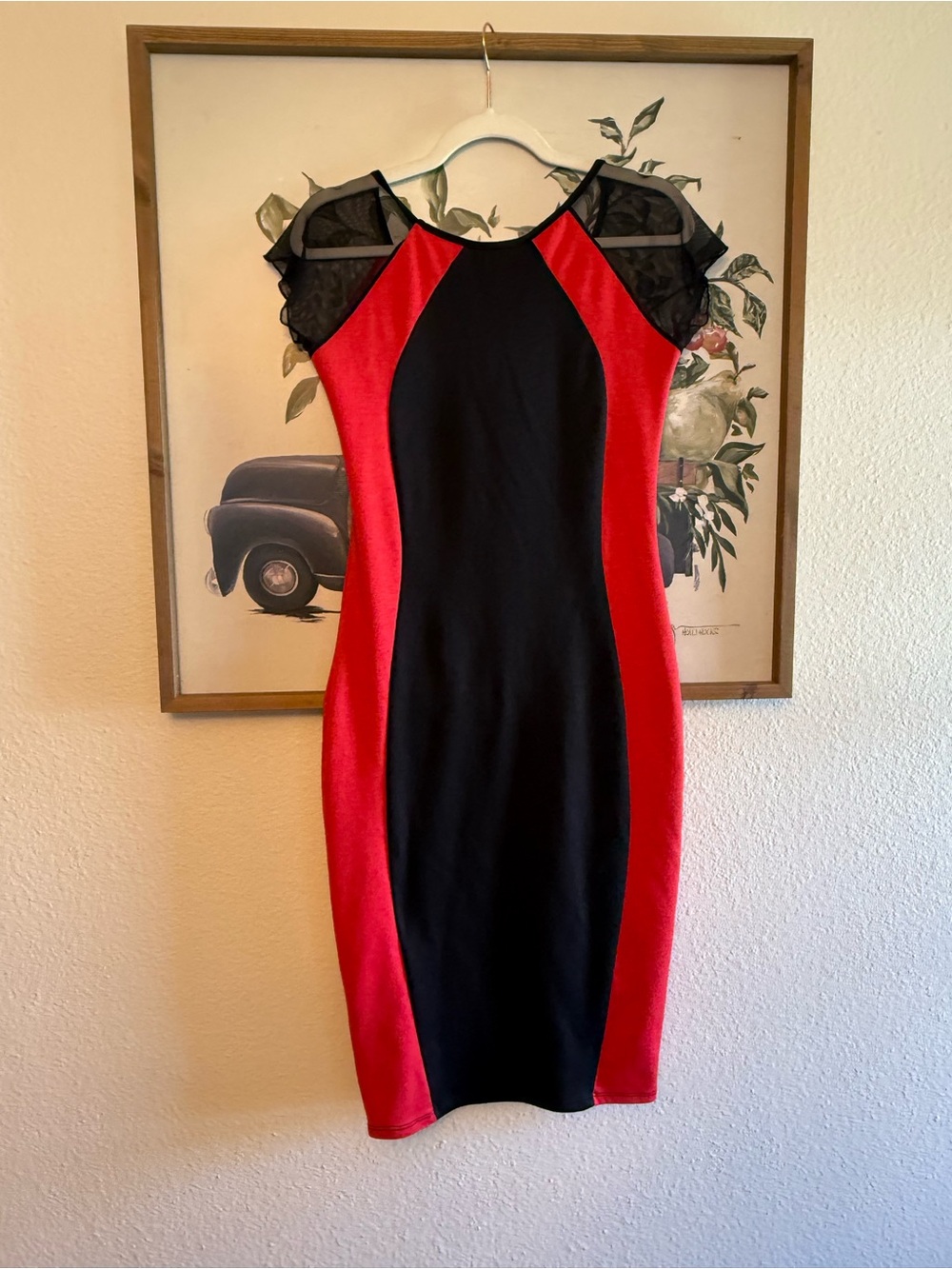 Women's Black & Red Mesh-Shoulder Sheath Dress - Picture 3 of 3
